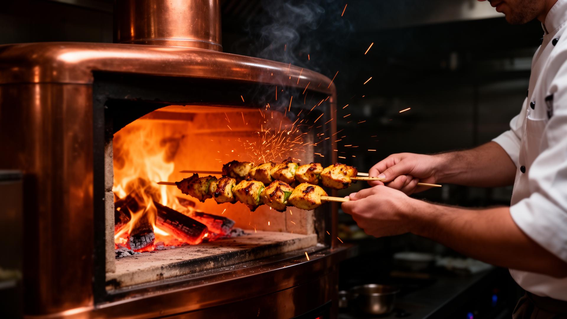 Chef placing skewers into a glowing tandoor