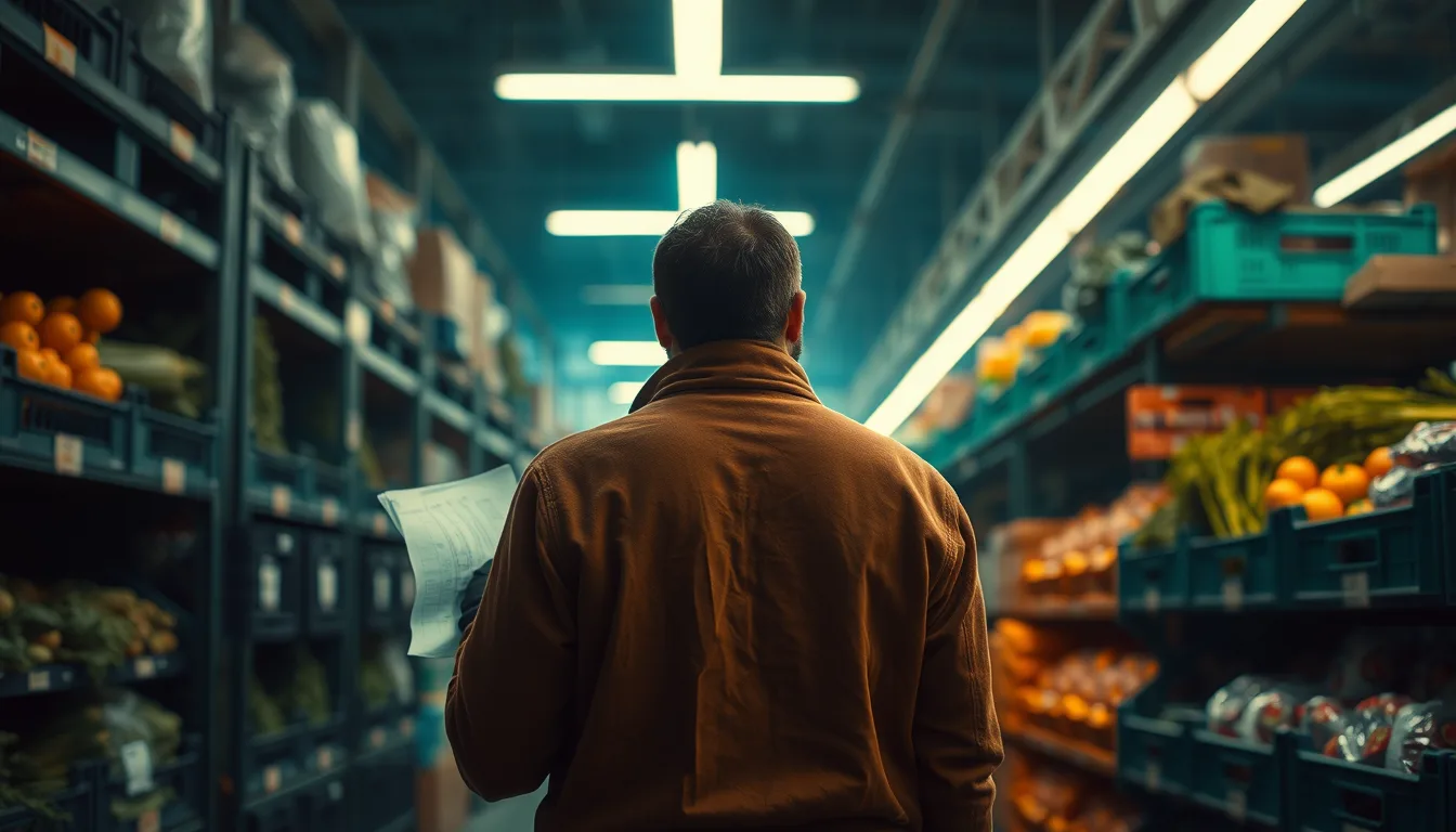 A buyer under market fluorescents before dawn, seen from behind, a list in hand