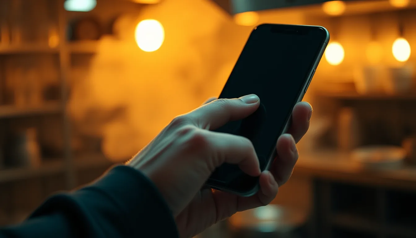 A hand holding a phone in a warm kitchen late at night.