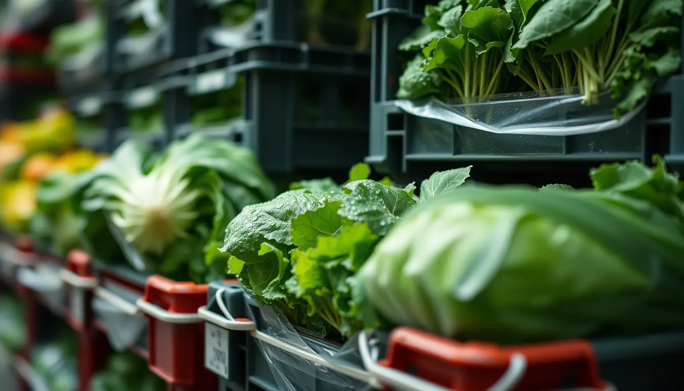 Crates of greens on a wholesale bench.