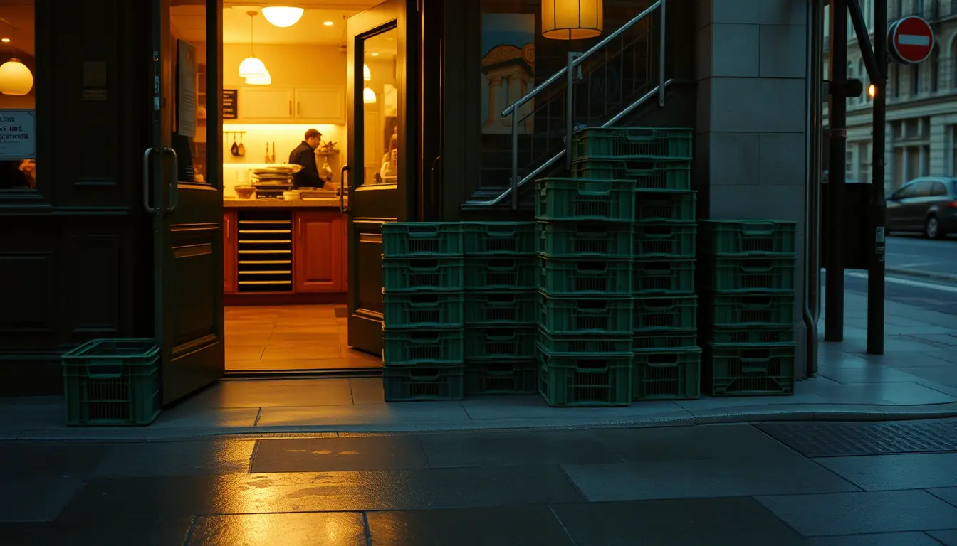 Crates stacked outside a lit back door on a street at night.