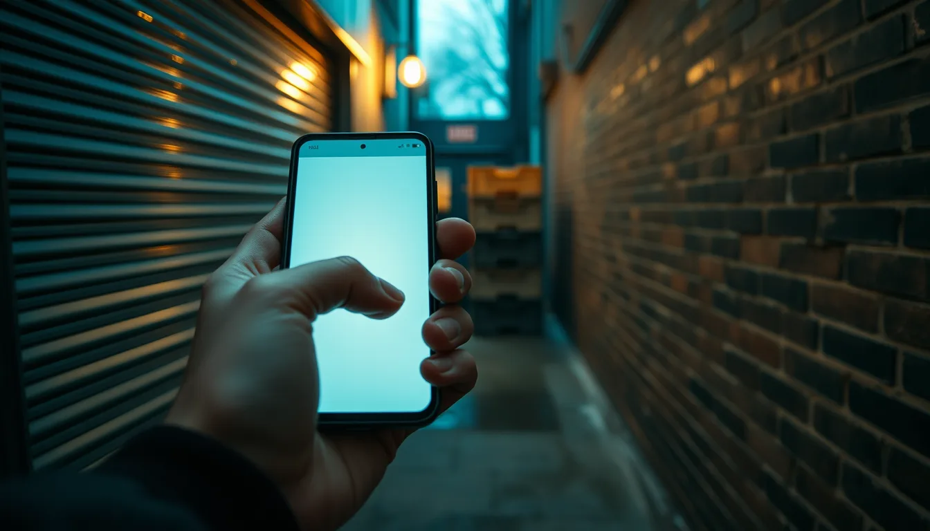 A cold hand holding a phone against a brick wall at a back door before dawn