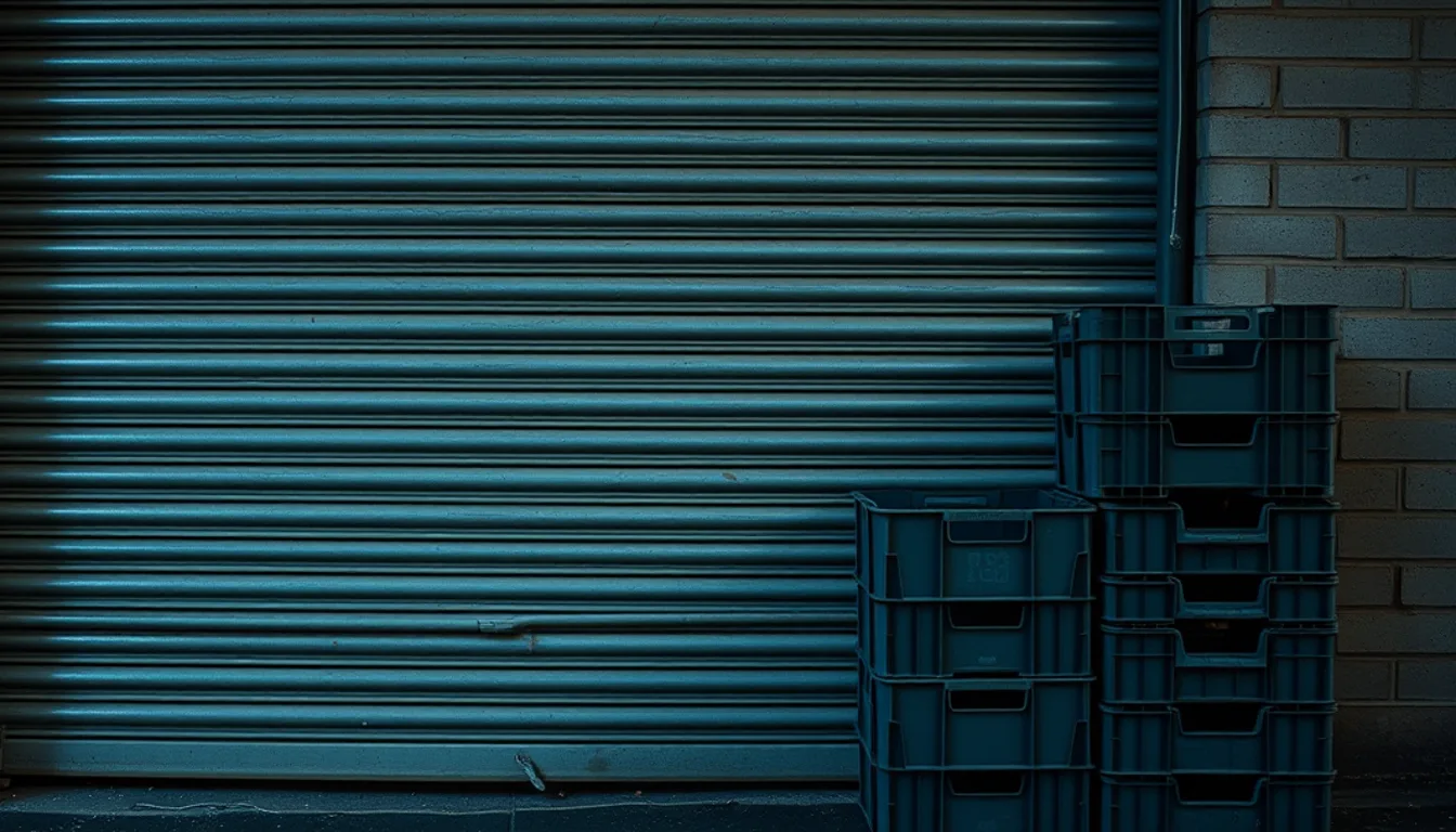 A kitchen's closed back shutter before first light, empty crates stacked against it on a wet pavement