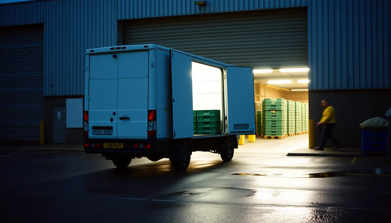 A van backed into a loading bay at first light, crates waiting on the wet concrete.