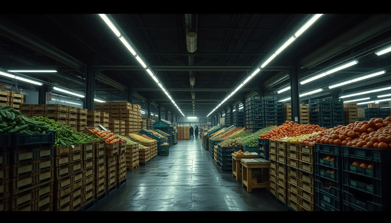 A wholesale market hall before dawn, stalls stacked either side of a wet aisle.