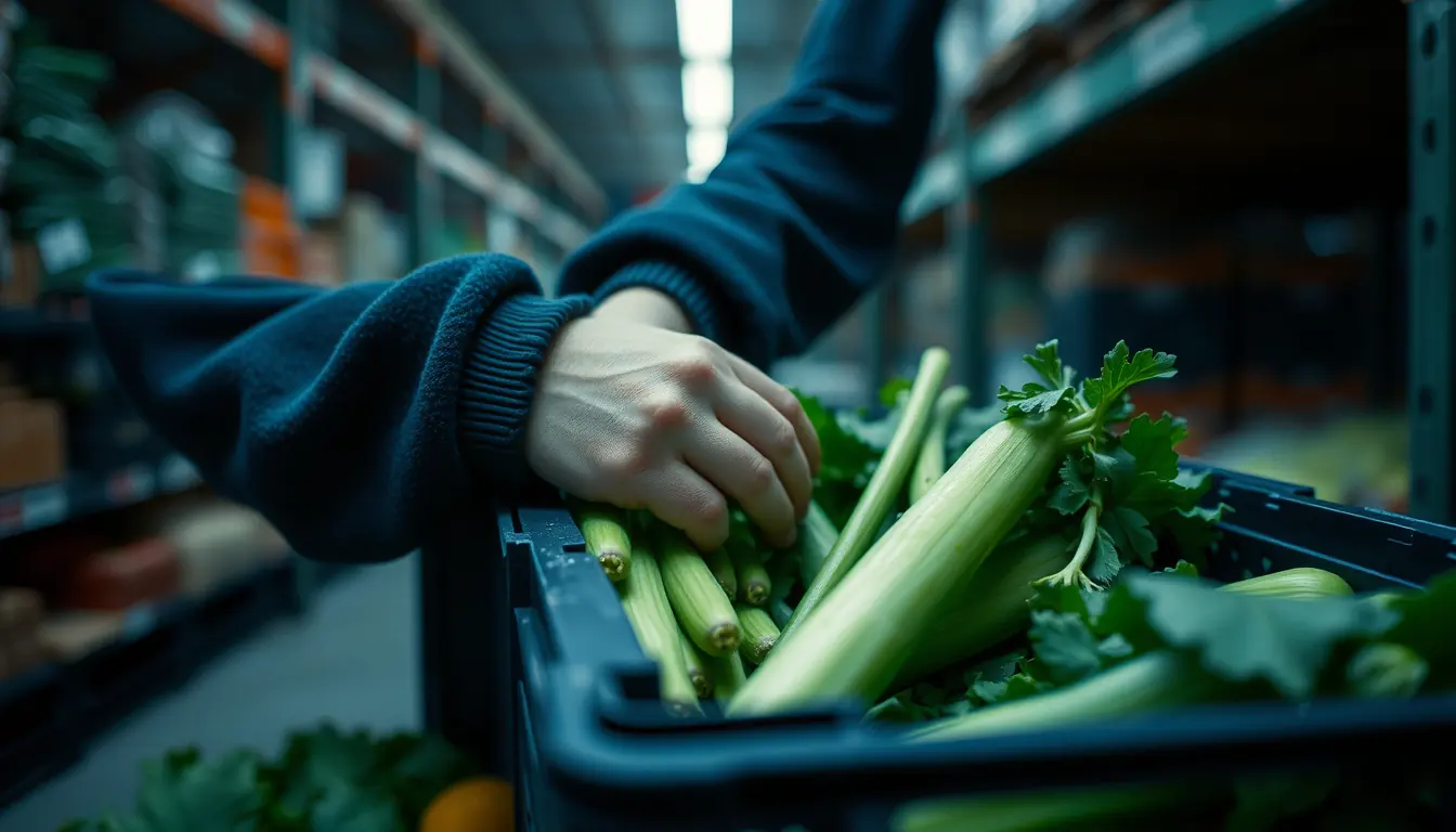 Hands packing celery into a crate.