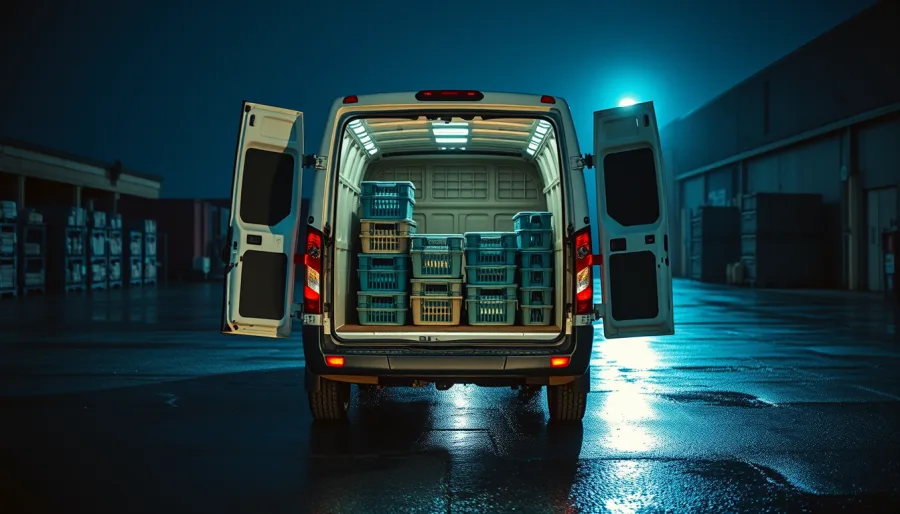 A loaded van in a dark yard before dawn, back doors open, crates stacked inside