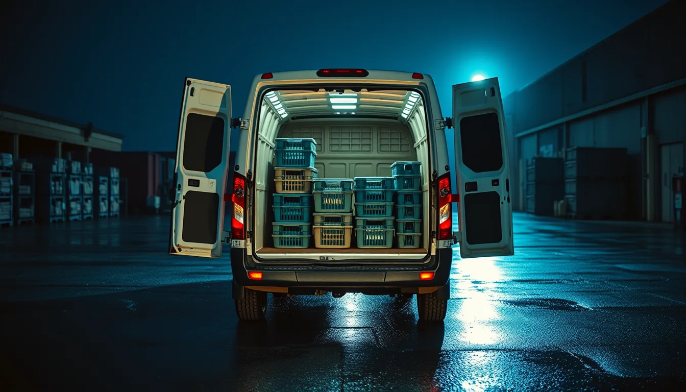The open back of a van, loaded with crates, before the first drop.