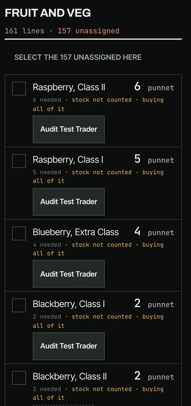 A supplier's own share of the buy list on a phone, one product per line, ready to copy into WhatsApp.