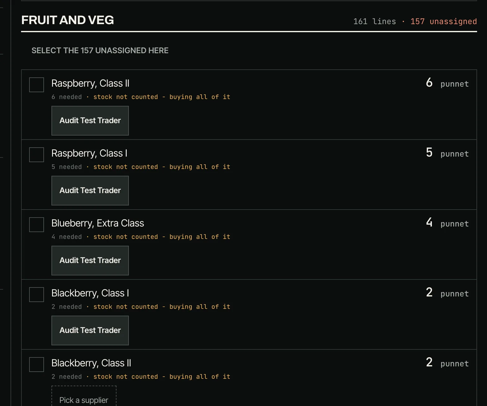 A fruit and veg buy list with 161 lines, 157 still unassigned, being put against a trader before the market opens.