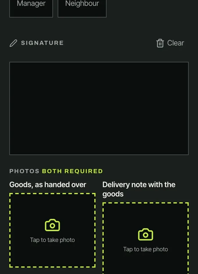 A driver's proof-of-delivery screen requiring a signature and two photographs, the kind of record captured at each stop on a round.